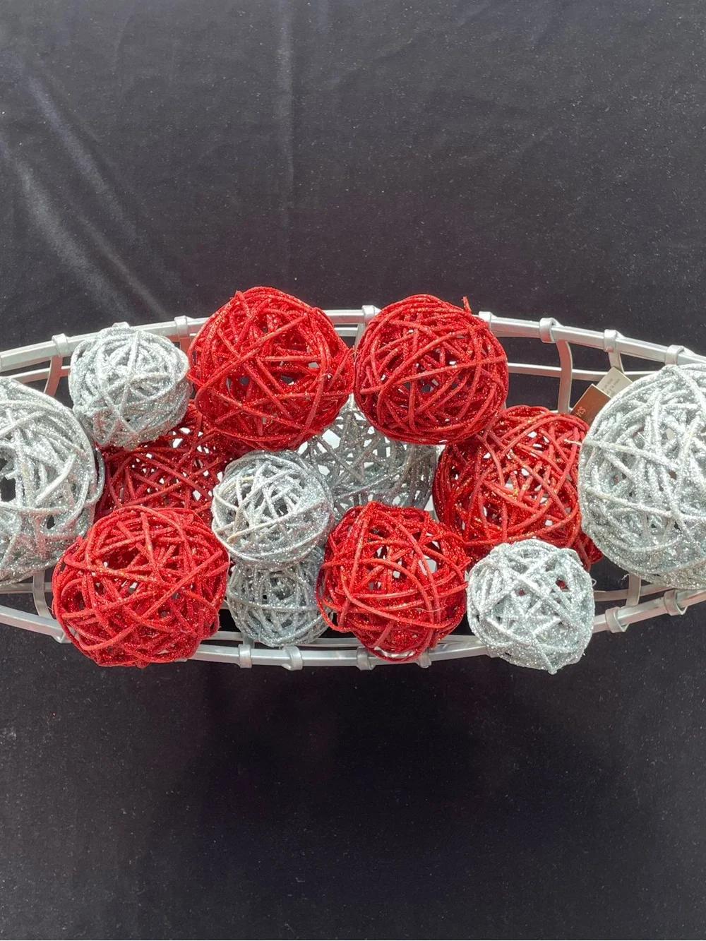 Pier 1 Nomad Weave Metal Boat Basket with Red and Silver Rattan Glitter Spheres